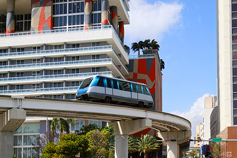 This is a stock photo. An image of a metro car on a public transportation metro rail in Miami, Florida.